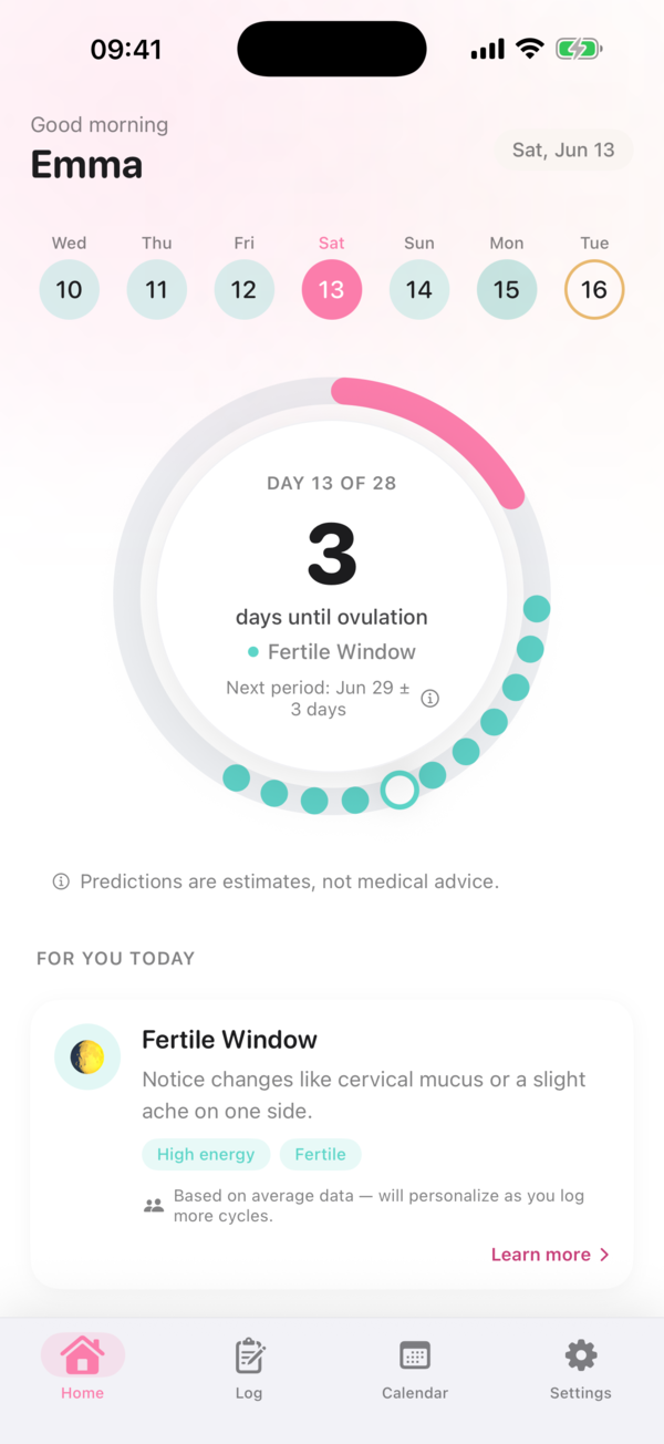 Ovaly home screen showing the current cycle day, phase and fertile-window prediction