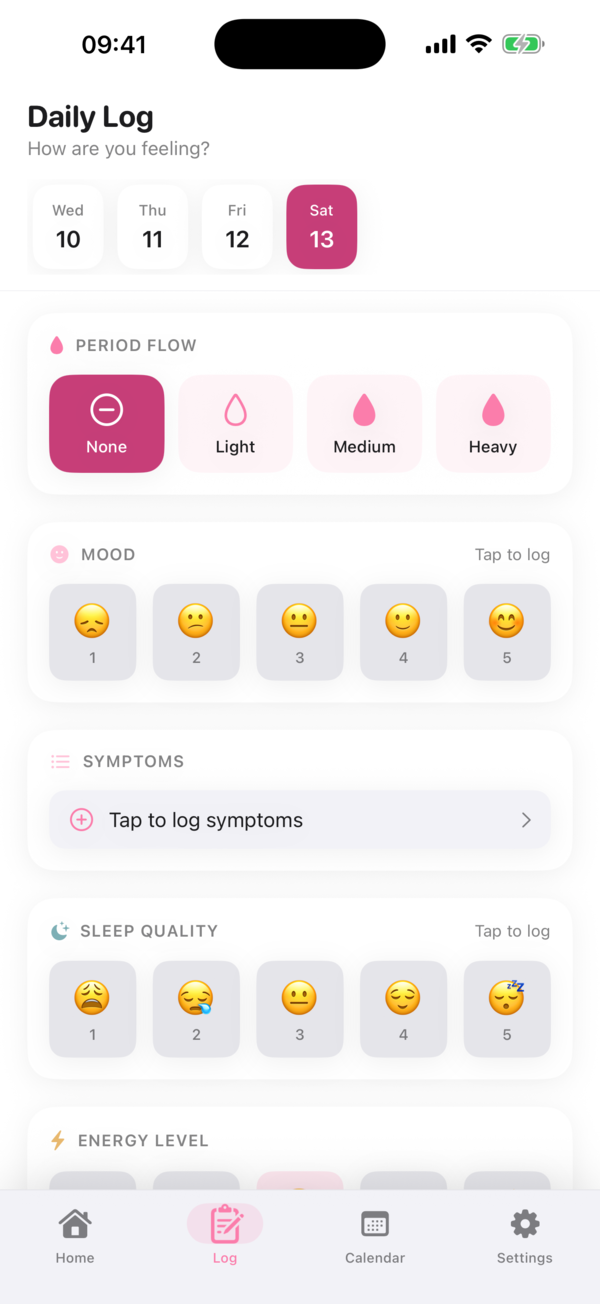 Ovaly daily log for mood, flow and symptoms