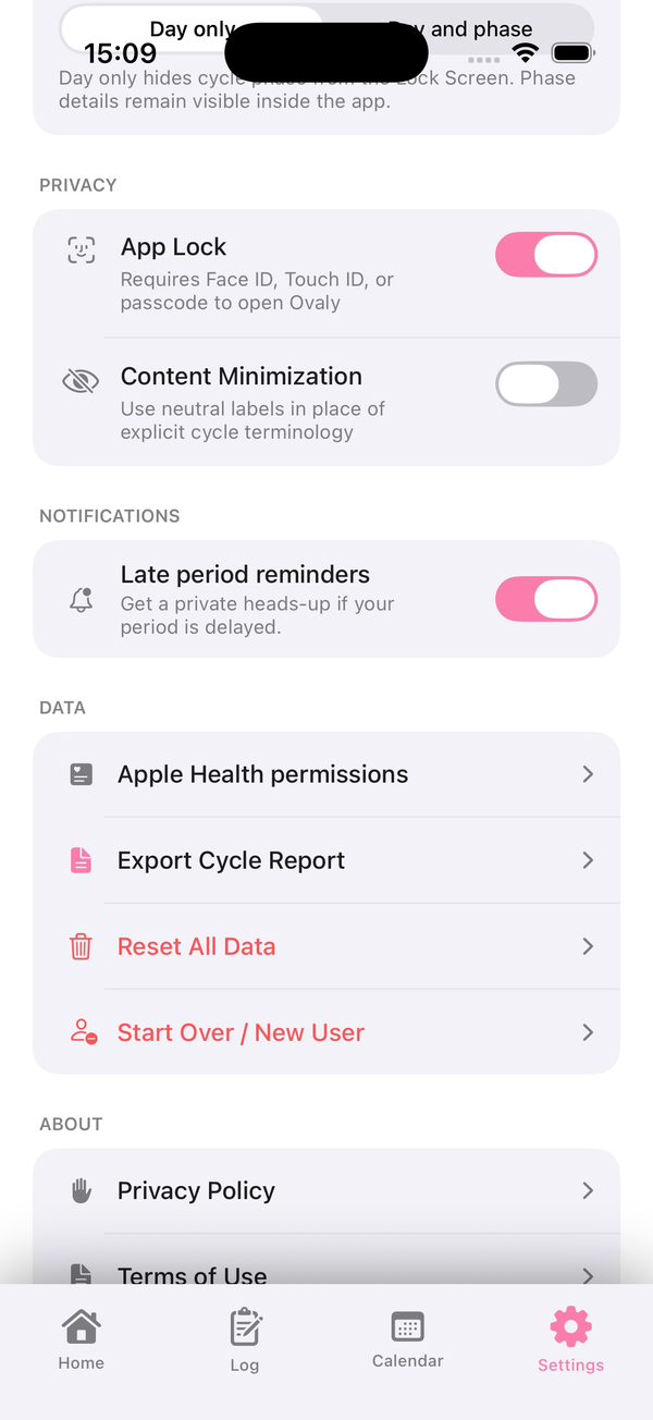 Ovaly privacy settings with App Lock and content minimisation