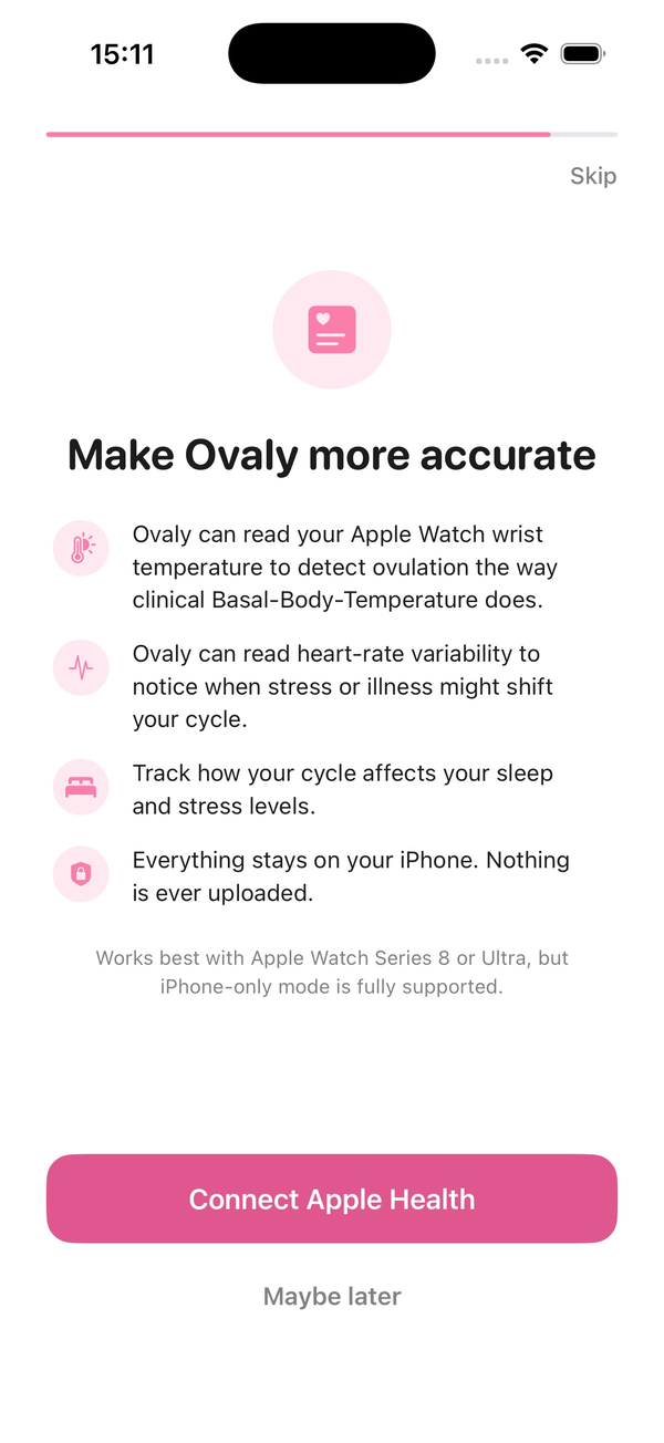 Ovaly Apple Watch and HealthKit onboarding screen